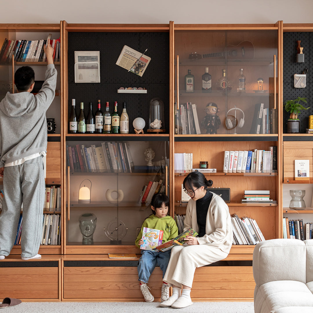 Scandinavian cherry wood bookshelf story material variants.