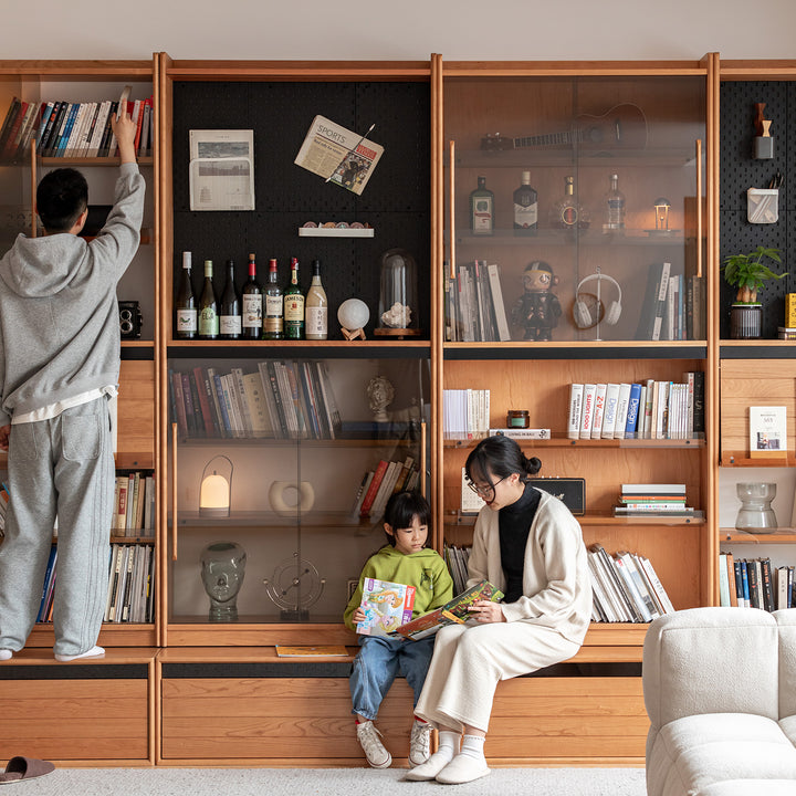 Scandinavian cherry wood bookshelf story material variants.