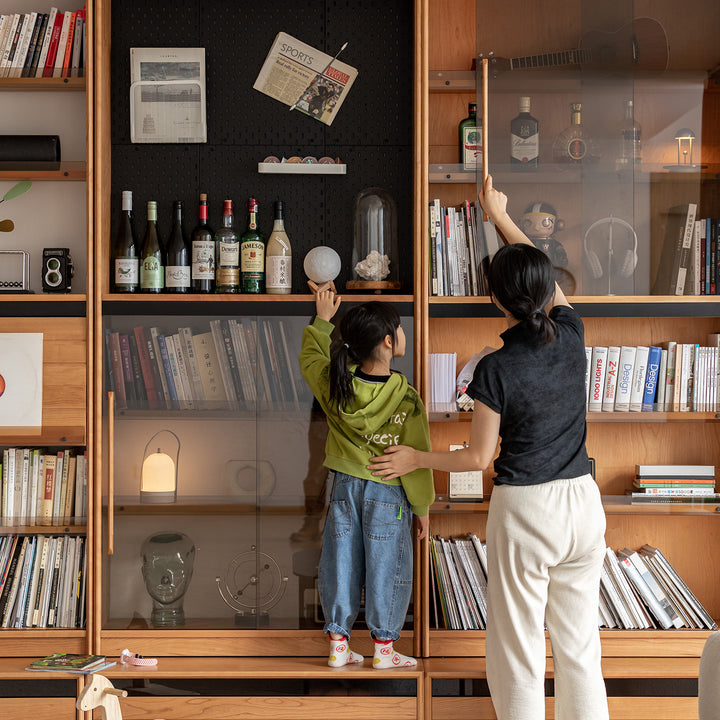 Scandinavian cherry wood bookshelf story in real life style.