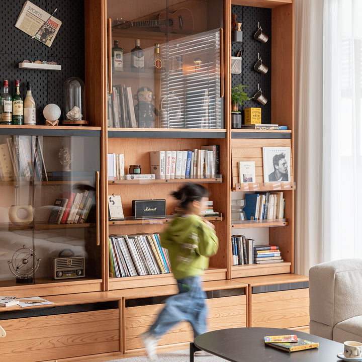 Scandinavian cherry wood bookshelf story in close up details.