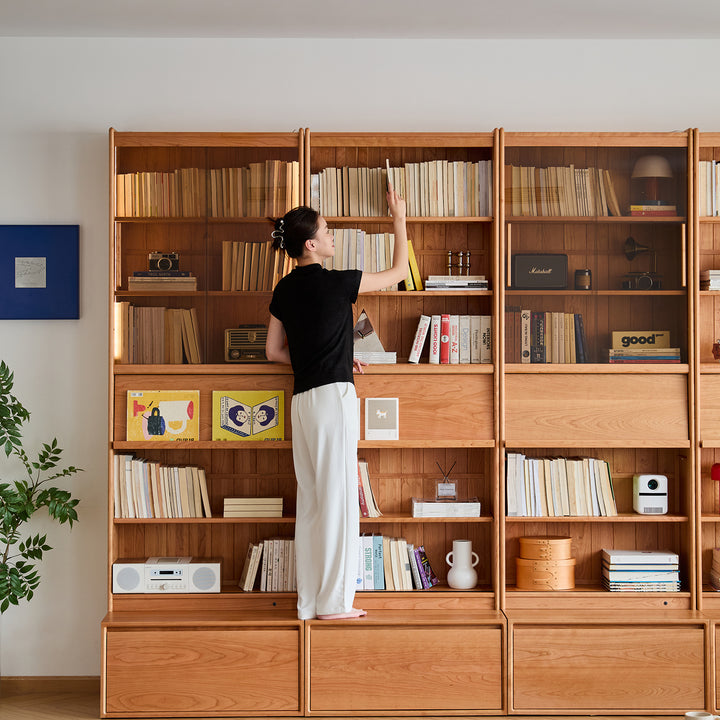 Scandinavian cherry wood bookshelf vista primary product view.