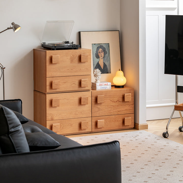 Scandinavian cherry wood cabinet nimbus in close up details.