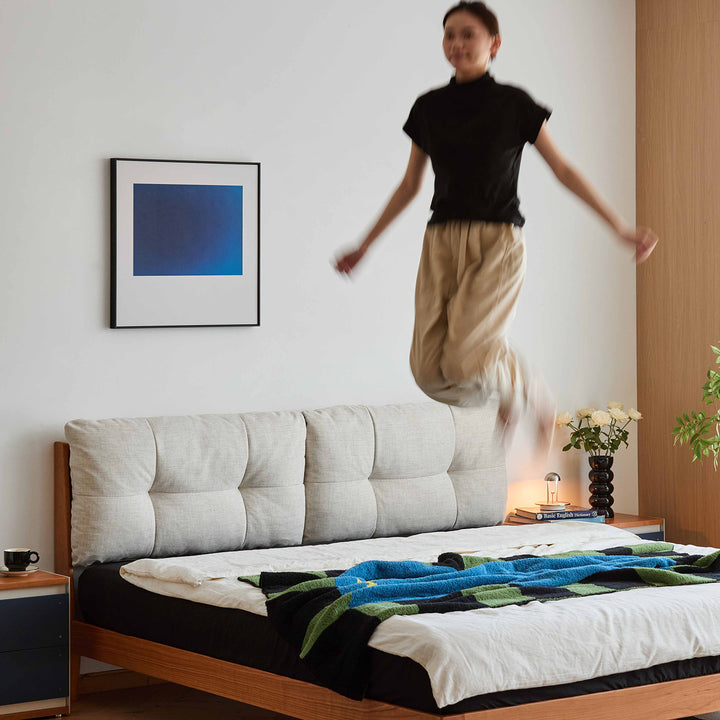 Scandinavian cherry wood cotton fabric bed serene with context.