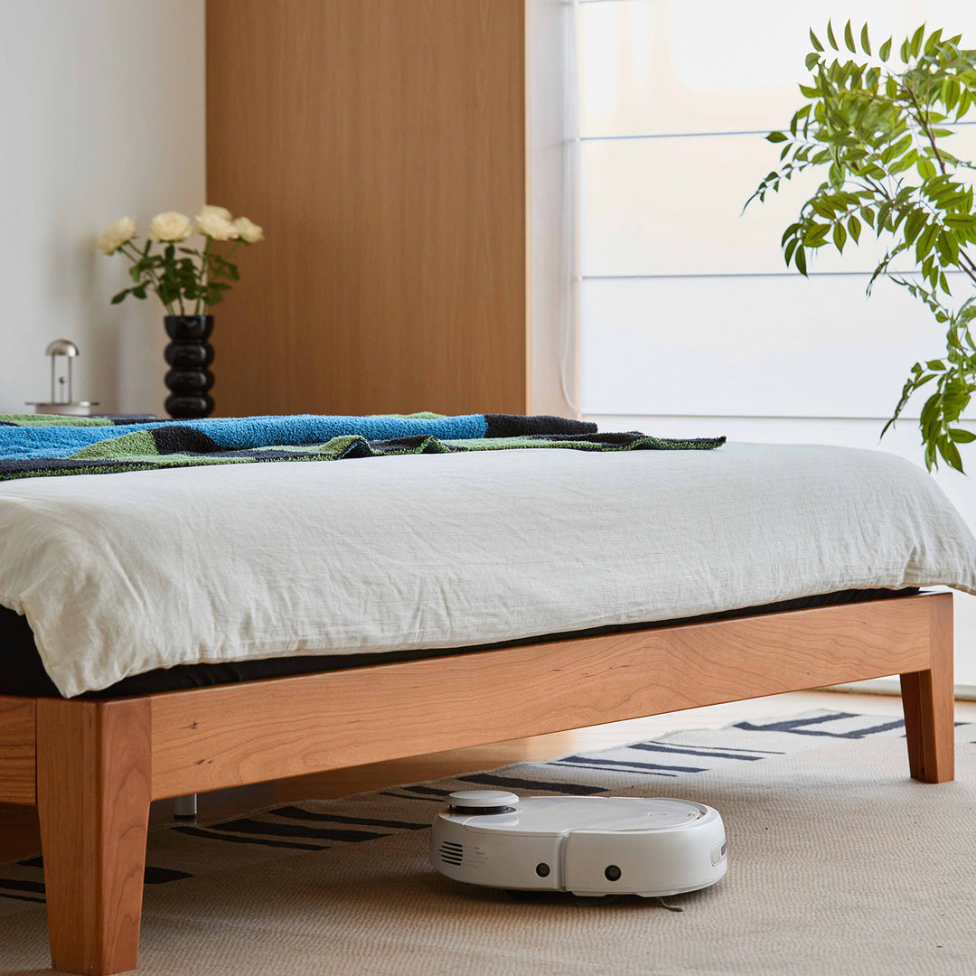 Scandinavian cherry wood cotton fabric bed serene in details.