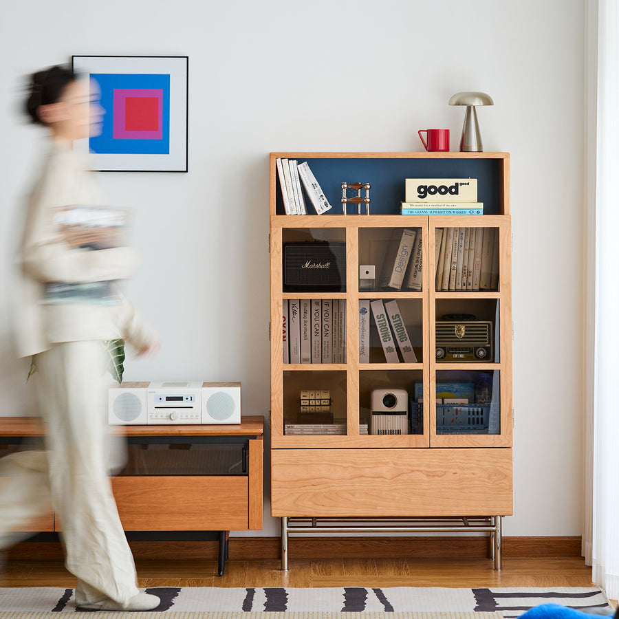 Scandinavian cherry wood display cabinet time color swatches.