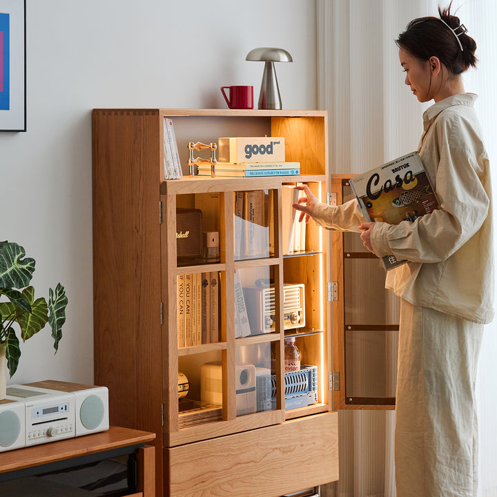 Scandinavian cherry wood display cabinet time in real life style.