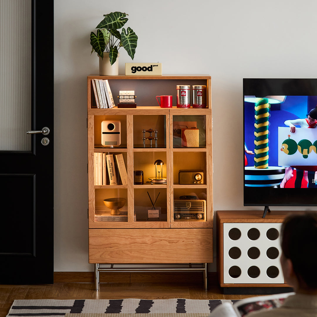 Scandinavian cherry wood display cabinet time with context.