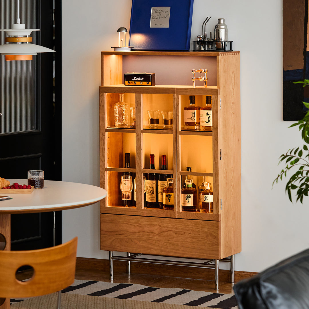 Scandinavian cherry wood display cabinet time in close up details.