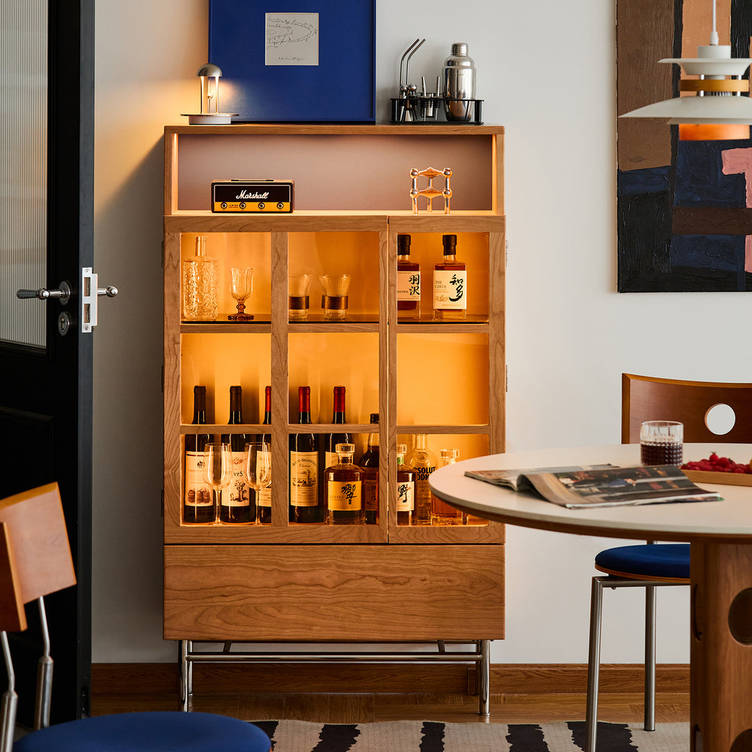 Scandinavian cherry wood display cabinet time in panoramic view.
