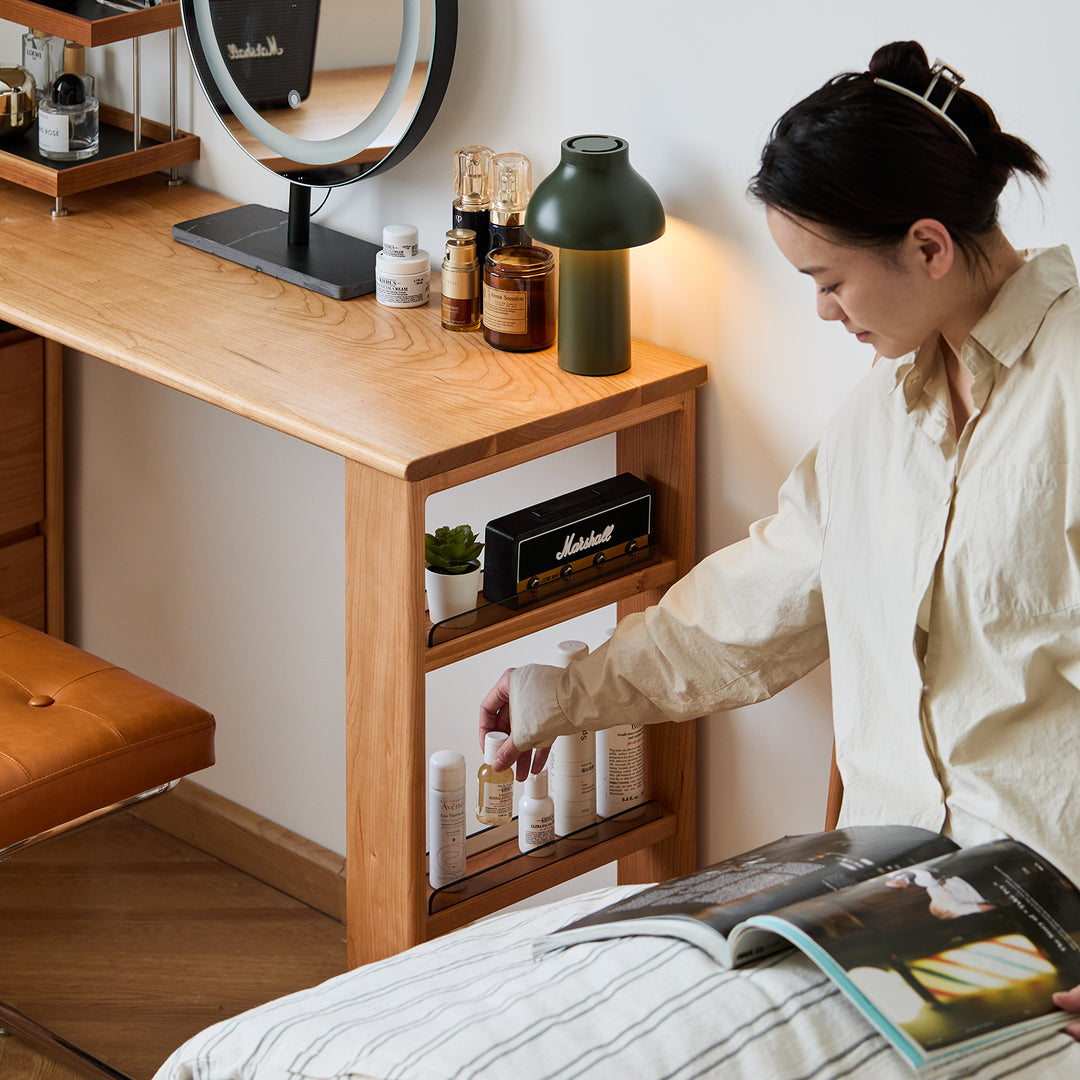 Scandinavian cherry wood dressing table shore in panoramic view.