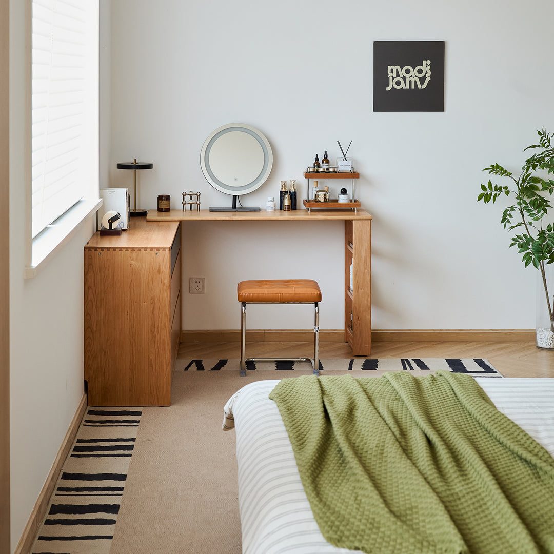 Scandinavian cherry wood dressing table shore in details.