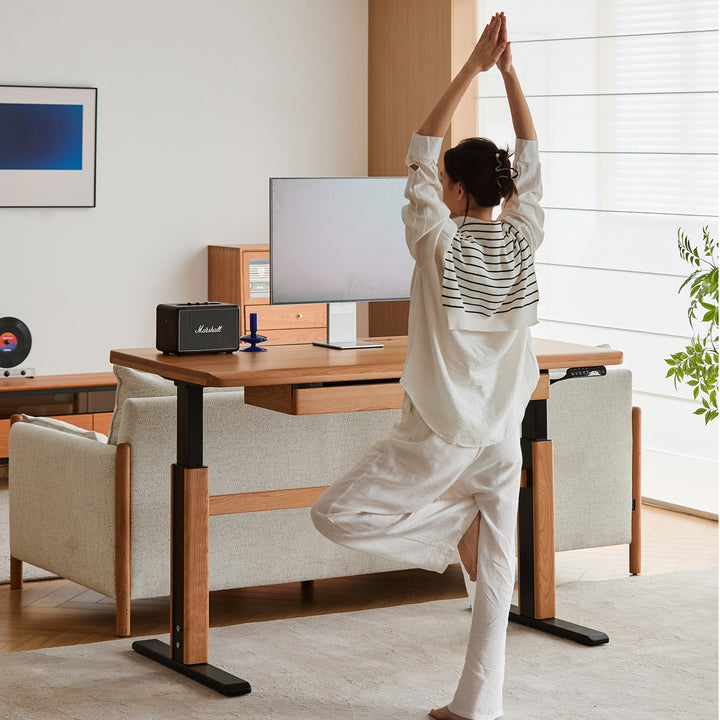 Scandinavian cherry wood electric height adjustable study table cloud lifting material variants.