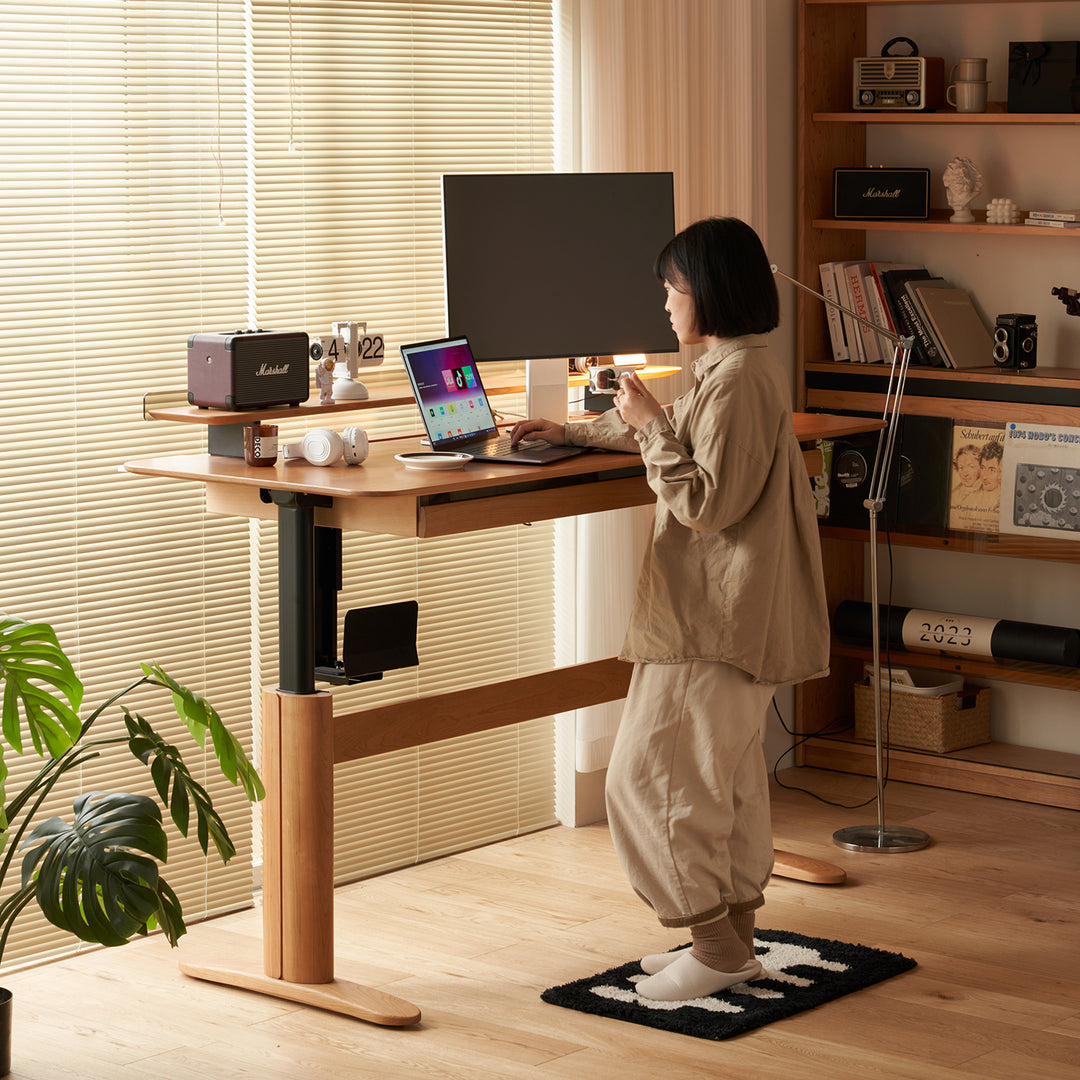 Scandinavian cherry wood electric height adjustable study table up primary product view.