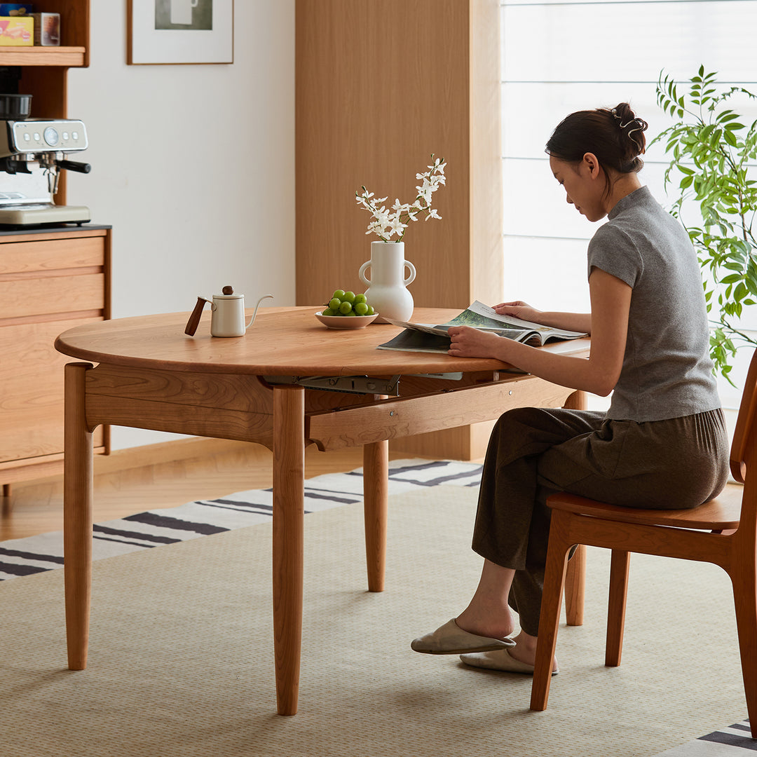 Scandinavian cherry wood extendable dining table minima color swatches.