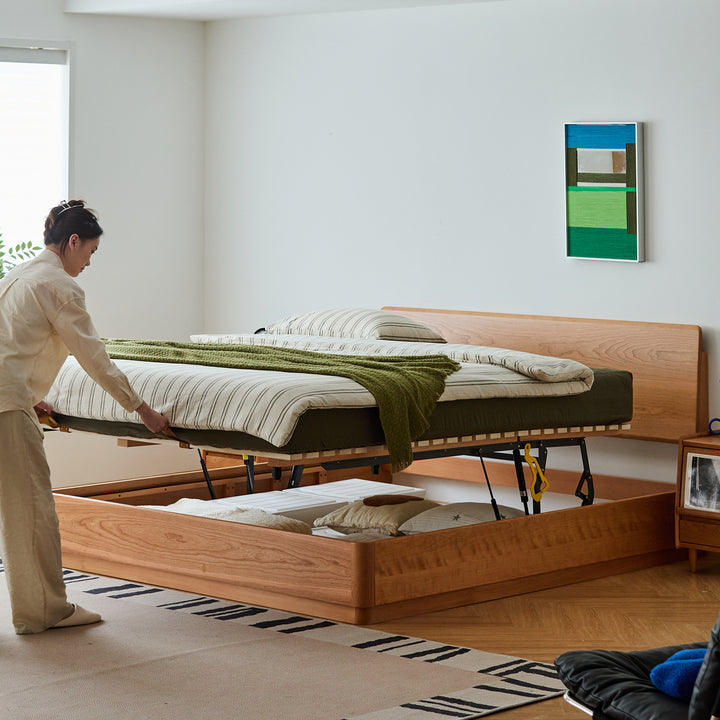 Scandinavian cherry wood lift-up storage bed square box primary product view.