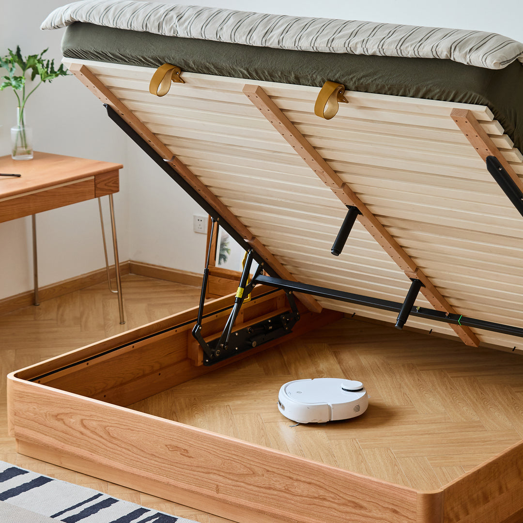 Scandinavian cherry wood lift-up storage bed square box environmental situation.