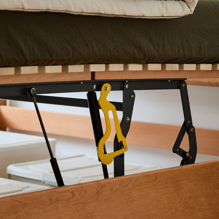 Scandinavian cherry wood lift-up storage bed square box conceptual design.