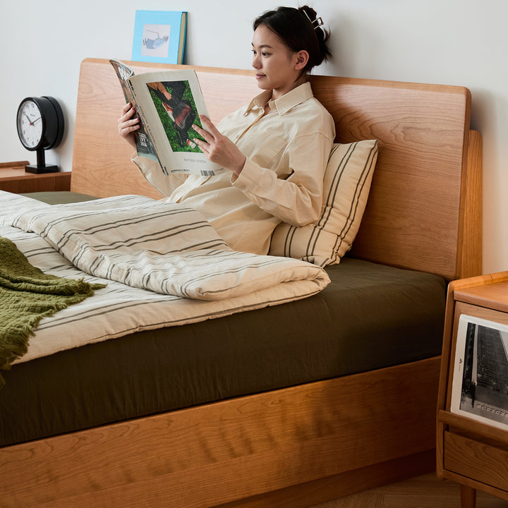 Scandinavian cherry wood lift-up storage bed square box color swatches.