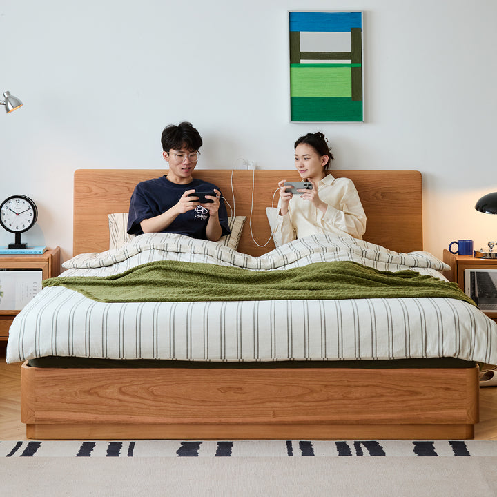 Scandinavian cherry wood lift-up storage bed square box material variants.