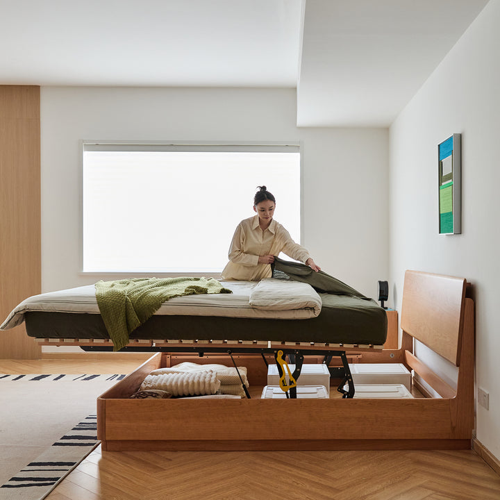 Scandinavian cherry wood lift-up storage bed square box in details.