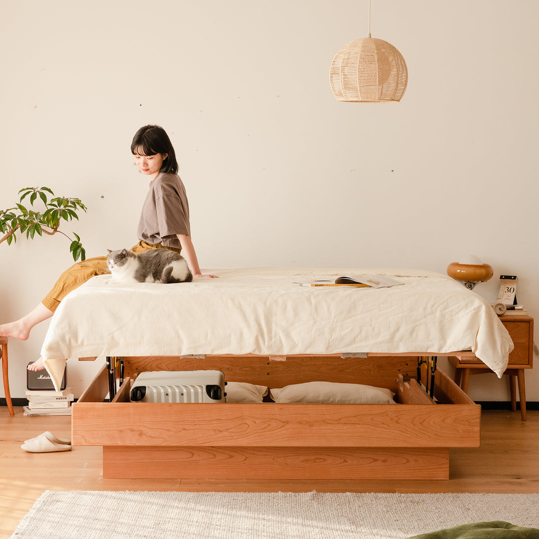 Scandinavian cherry wood lift-up storage platform bed  blue whale size charts.