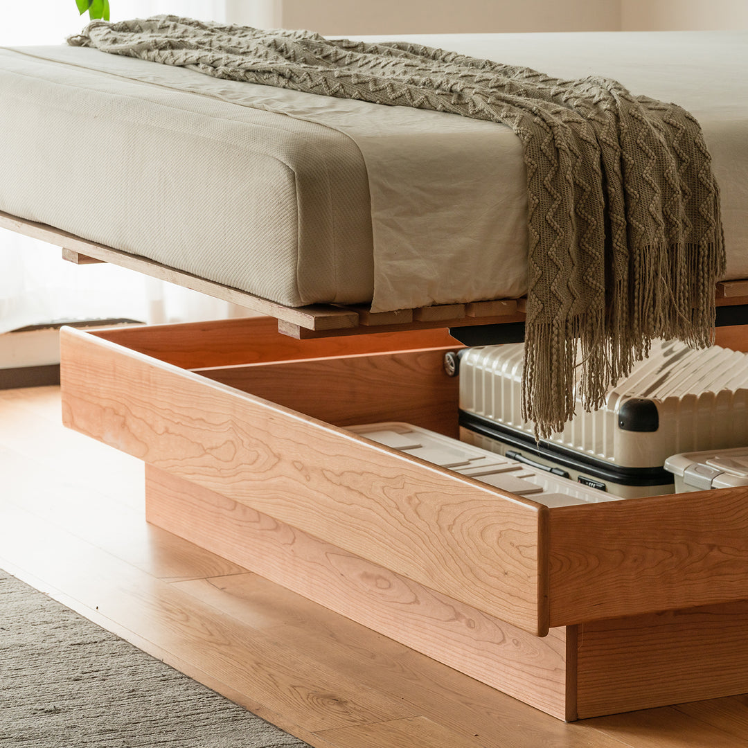 Scandinavian cherry wood lift-up storage platform bed  blue whale in real life style.