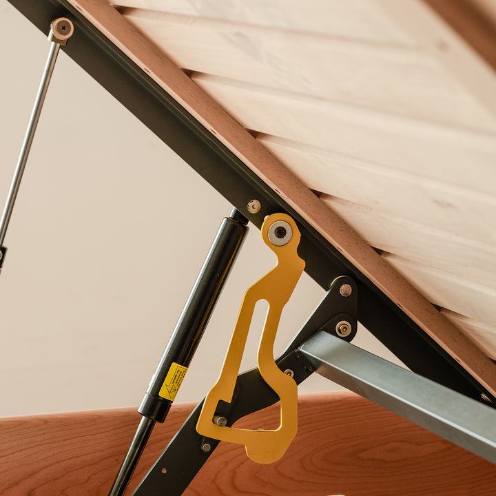 Scandinavian cherry wood lift-up storage platform bed  blue whale in details.