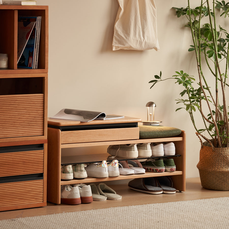 Scandinavian cherry wood shoe changing bench mori primary product view.