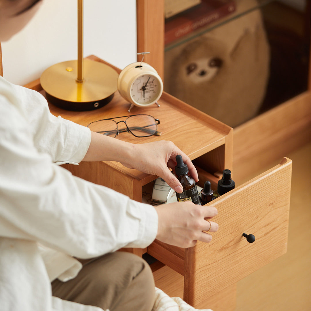 Scandinavian cherry wood side table cabo material variants.