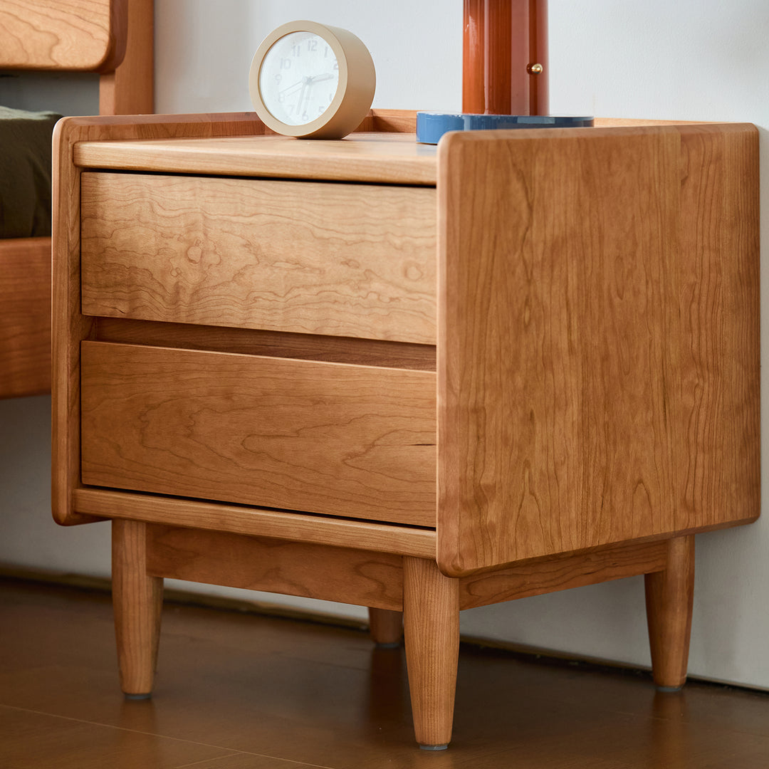 Scandinavian cherry wood side table vista with context.