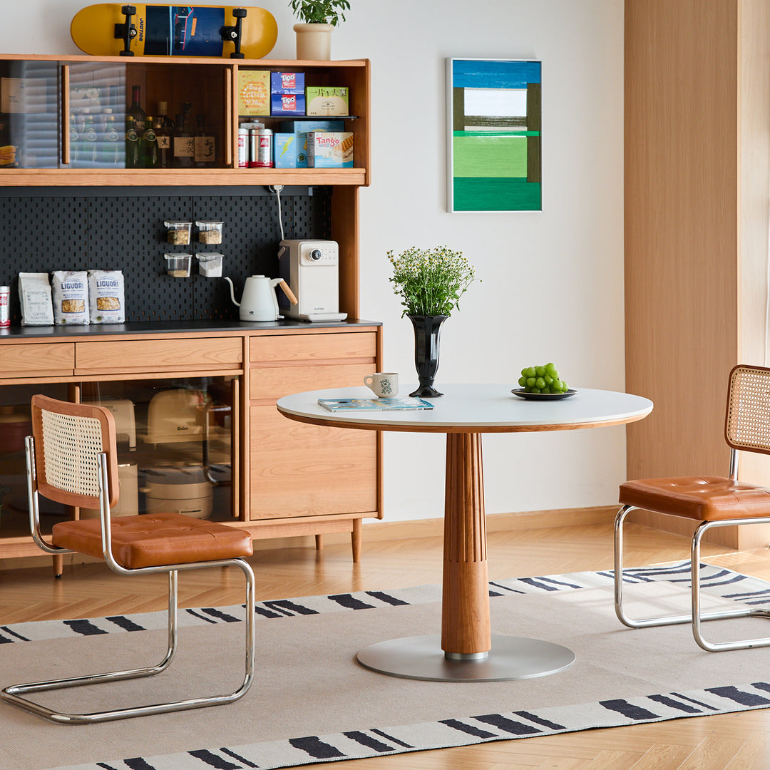 Scandinavian cherry wood sintered stone round dining table grey size charts.