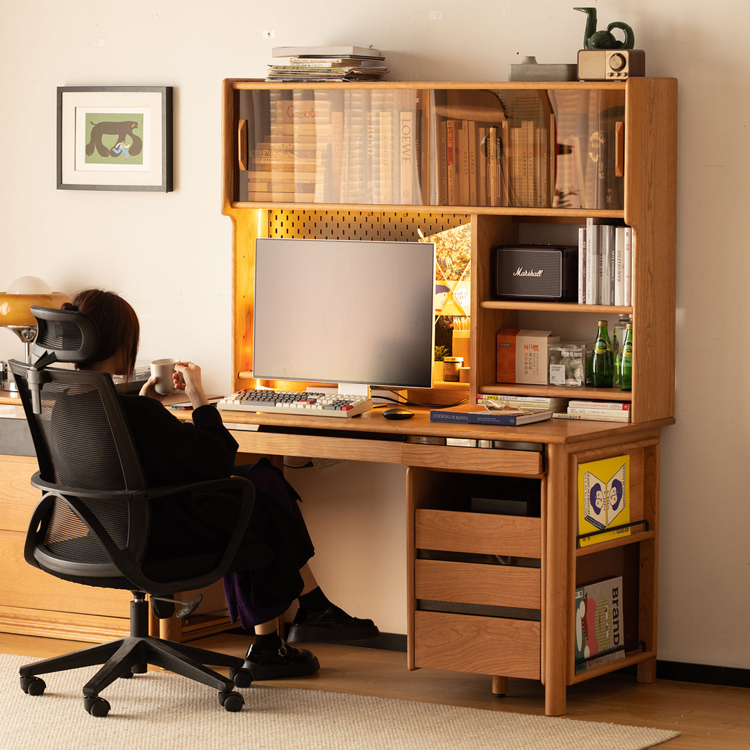 Scandinavian cherry wood study table with shelf cape in panoramic view.
