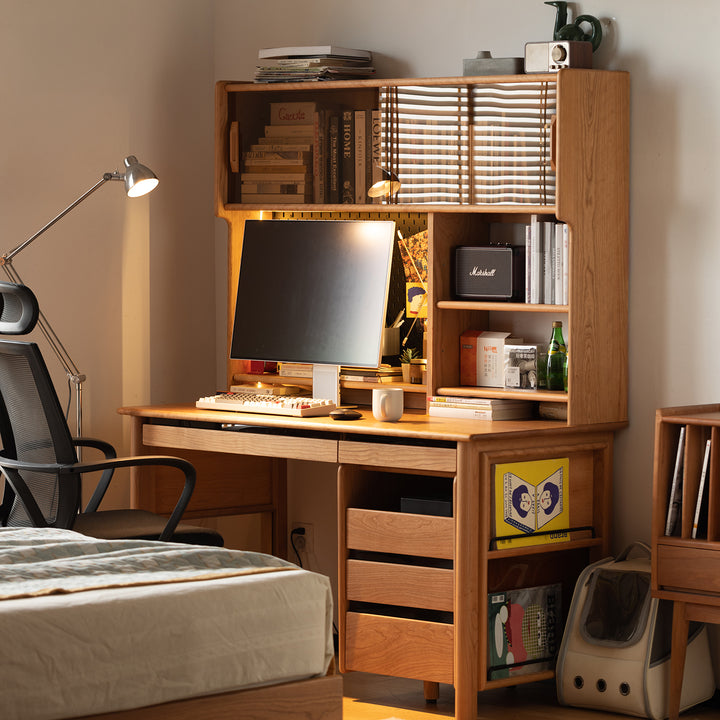 Scandinavian cherry wood study table with shelf cape conceptual design.