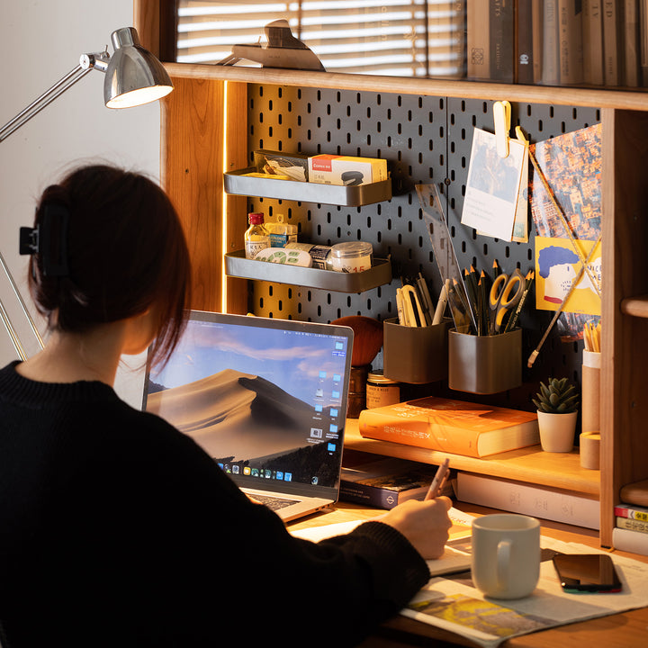 Scandinavian cherry wood study table with shelf cape size charts.