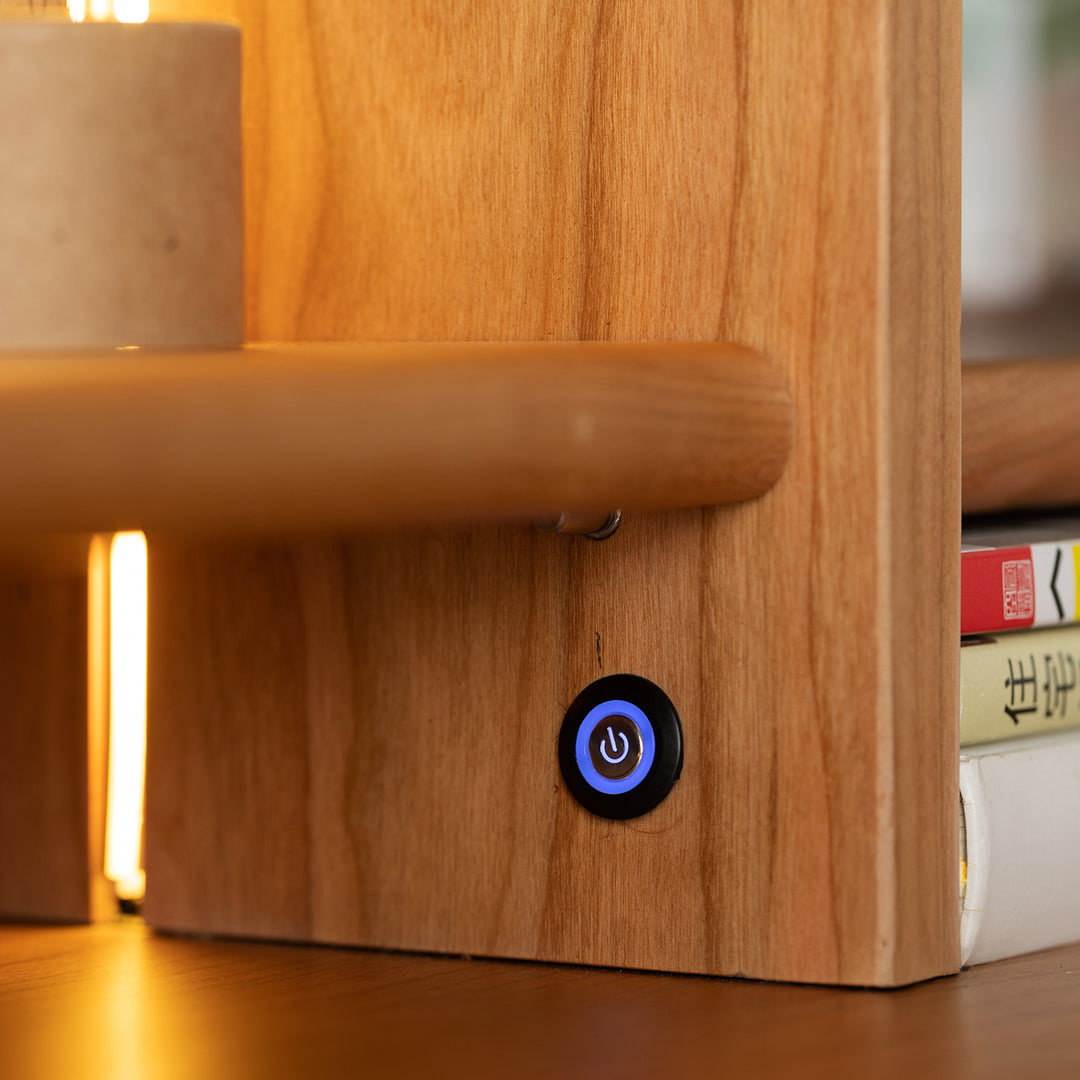 Scandinavian cherry wood study table with shelf cape color swatches.