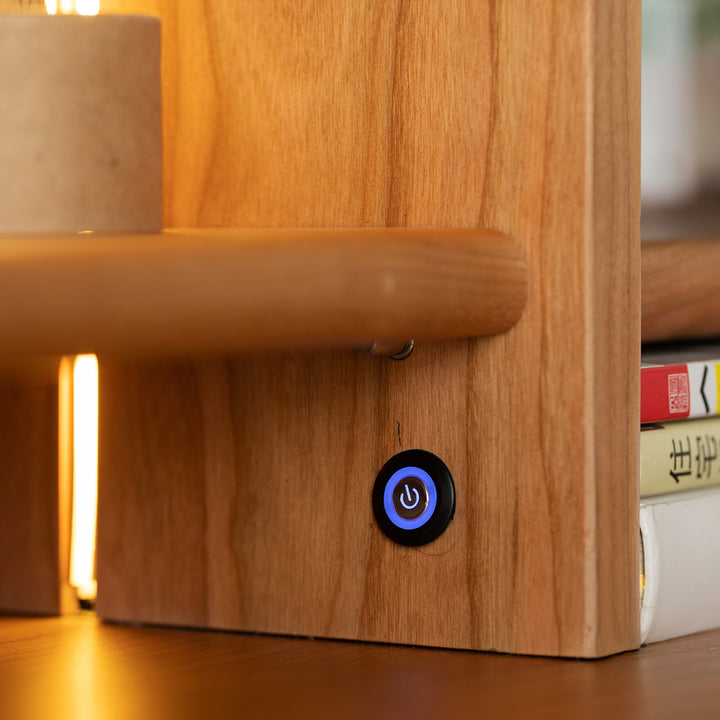 Scandinavian cherry wood study table with shelf cape color swatches.