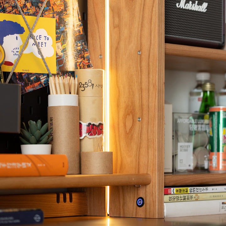 Scandinavian cherry wood study table with shelf cape material variants.