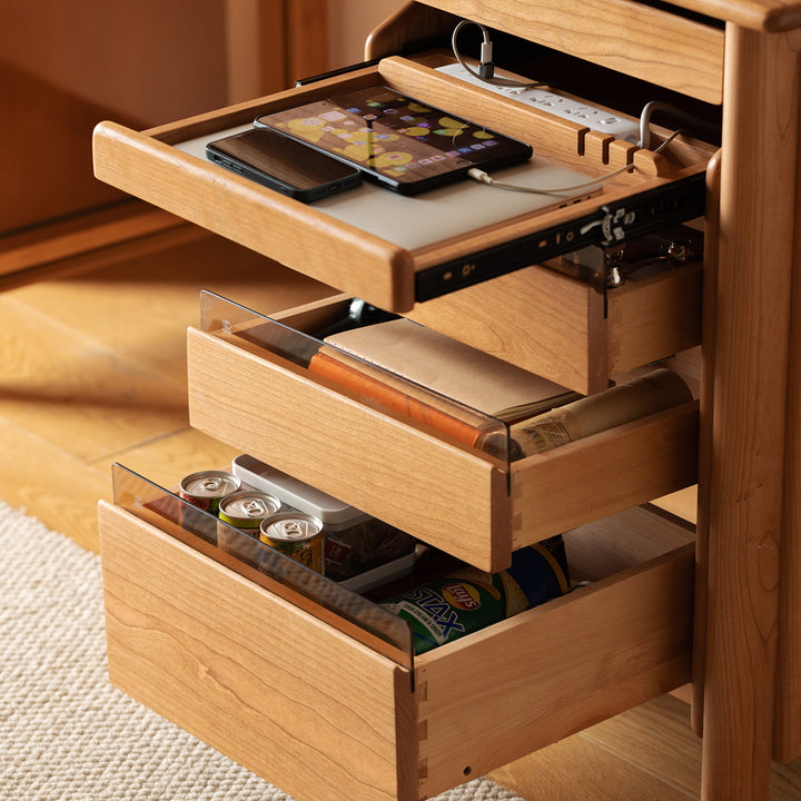 Scandinavian cherry wood study table with shelf cape in real life style.