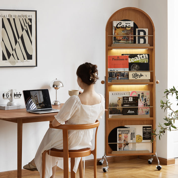 Scandinavian cherry wood wheeled mirror aura in real life style.