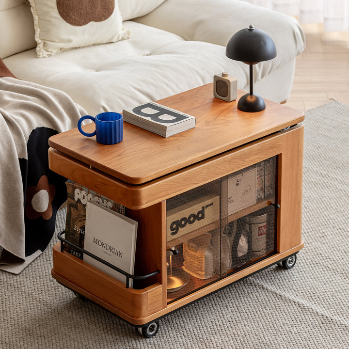 Scandinavian cherry wood wheeled trolley side table drift primary product view.