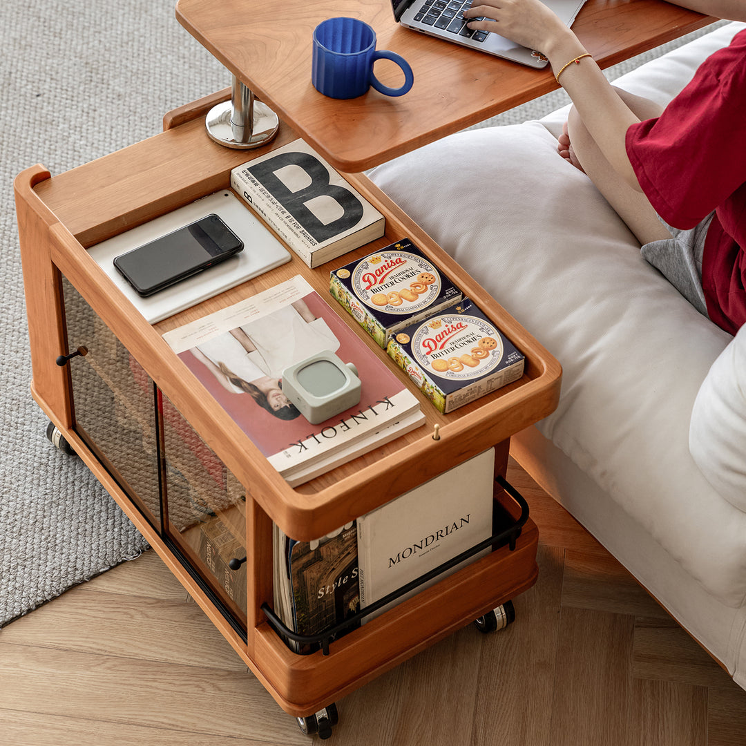 Scandinavian cherry wood wheeled trolley side table drift color swatches.