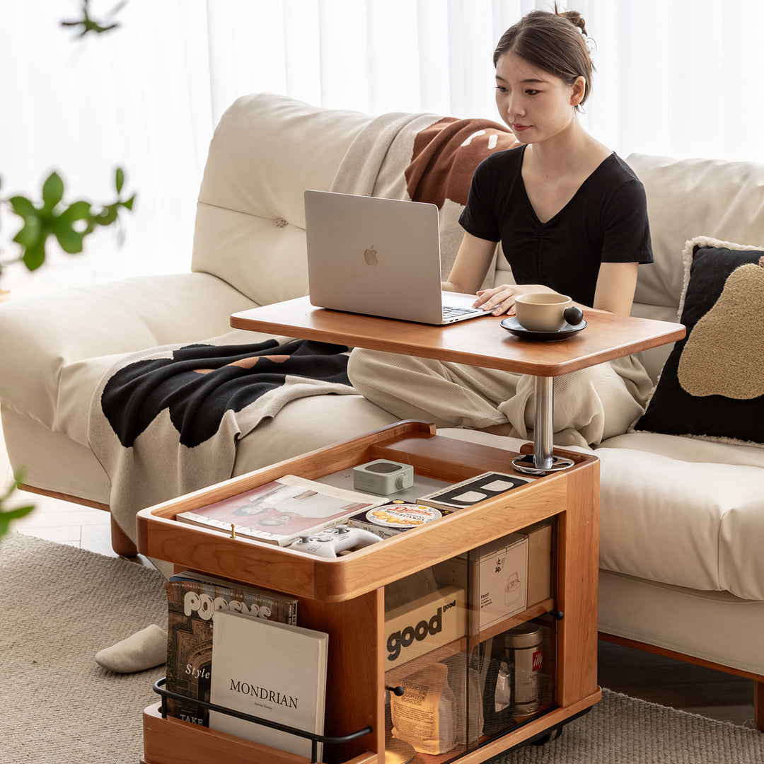 Scandinavian cherry wood wheeled trolley side table drift material variants.