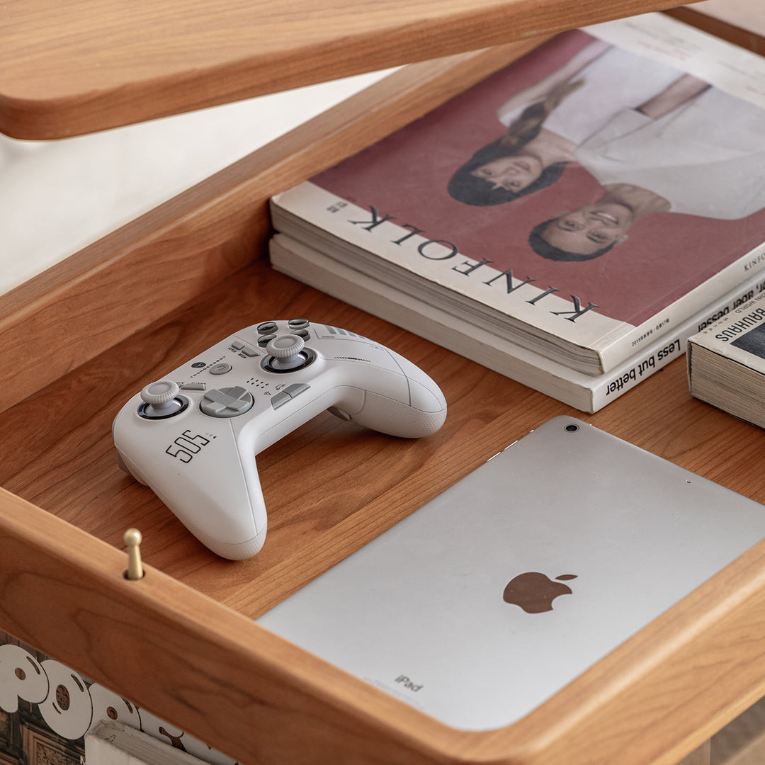 Scandinavian cherry wood wheeled trolley side table drift in details.