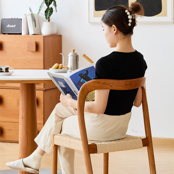 Scandinavian cherry wood woven rope dining chair sona primary product view.