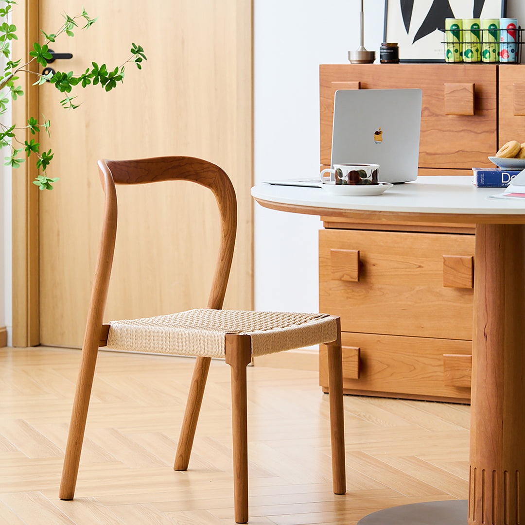 Scandinavian cherry wood woven rope dining chair sona in details.