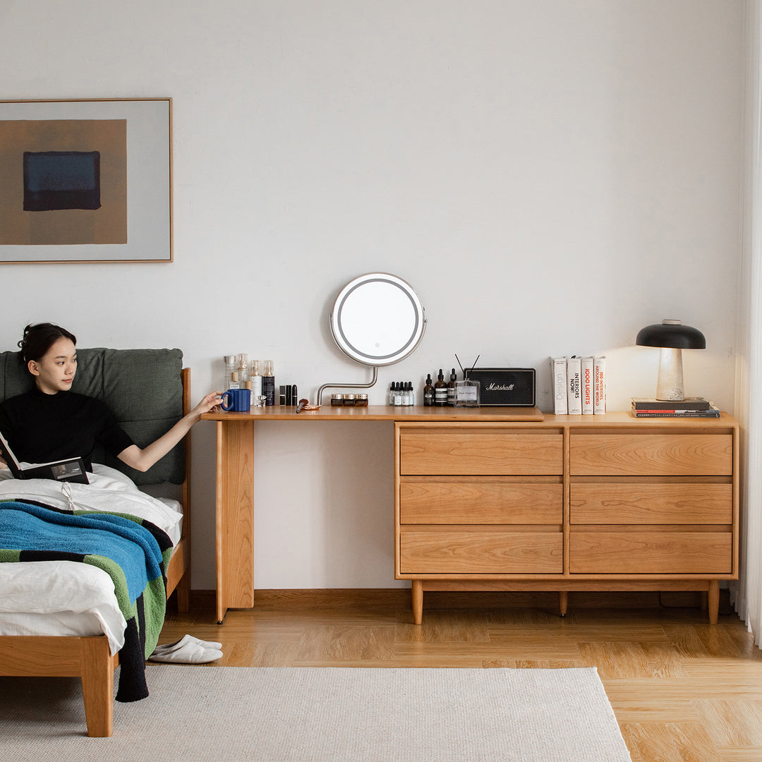 Scandinavian cherry wood dressing table vista with context.