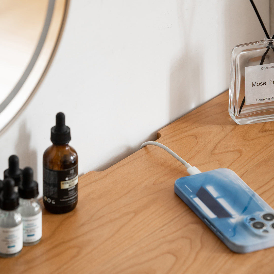 Scandinavian cherry wood dressing table vista in panoramic view.