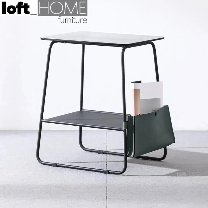 Industrial glass top side table vena color swatches.