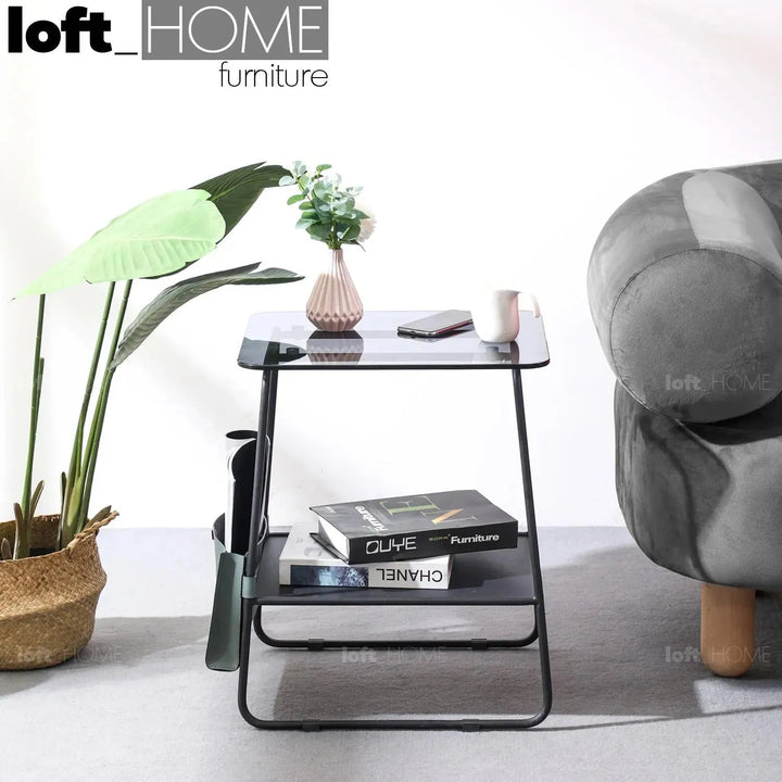 Industrial glass top side table vena in real life style.