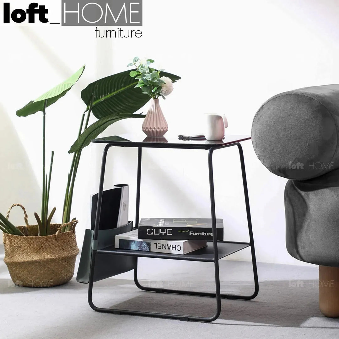 Industrial glass top side table vena material variants.